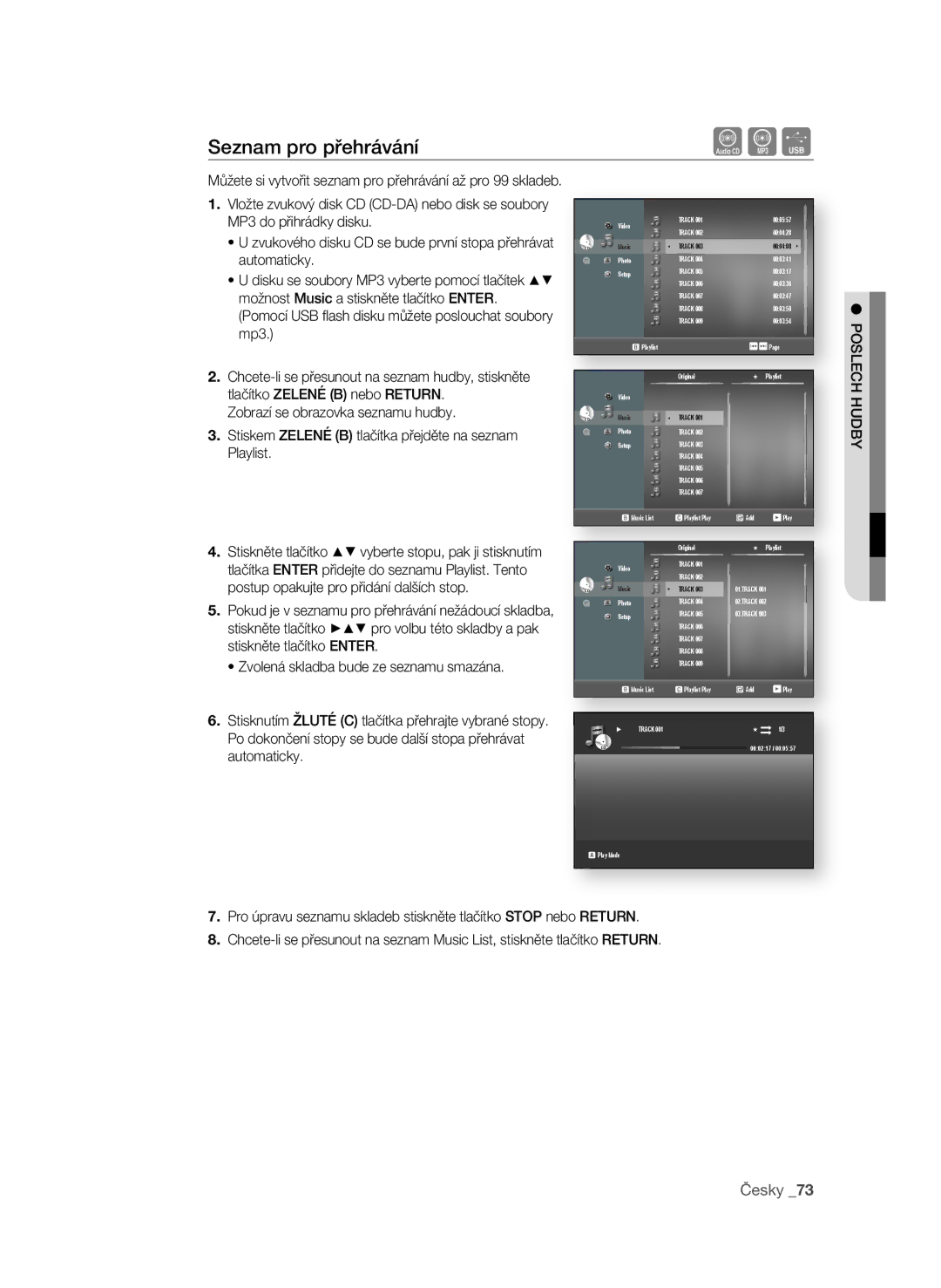 Samsung BD-P3600/XEF, BD-P3600/EDC manual Seznam pro přehrávání, PosLECh hUDBy 