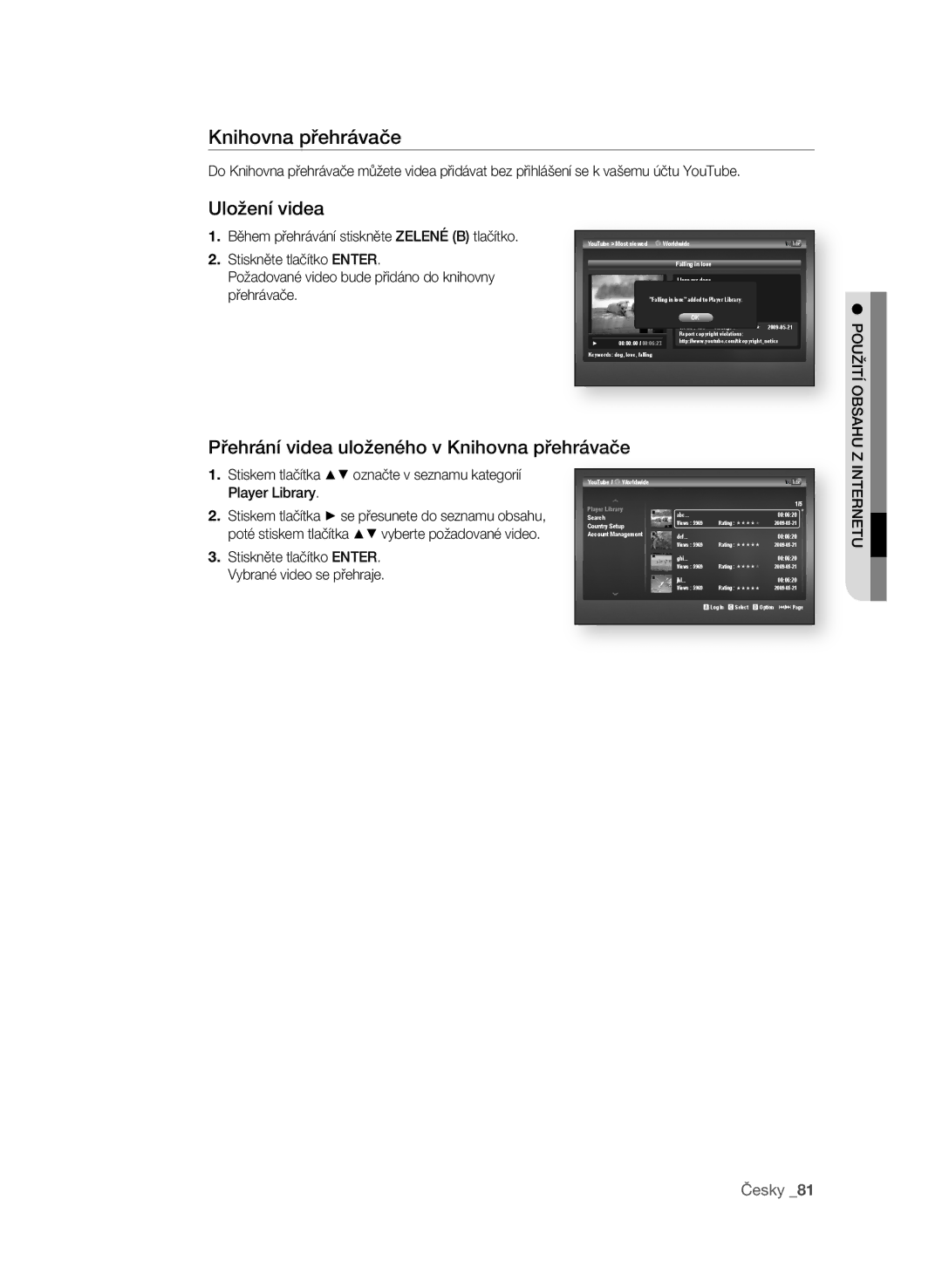 Samsung BD-P3600/XEF, BD-P3600/EDC manual Přehrání videa uloženého v Knihovna přehrávače, PoUŽITí oBsahU 