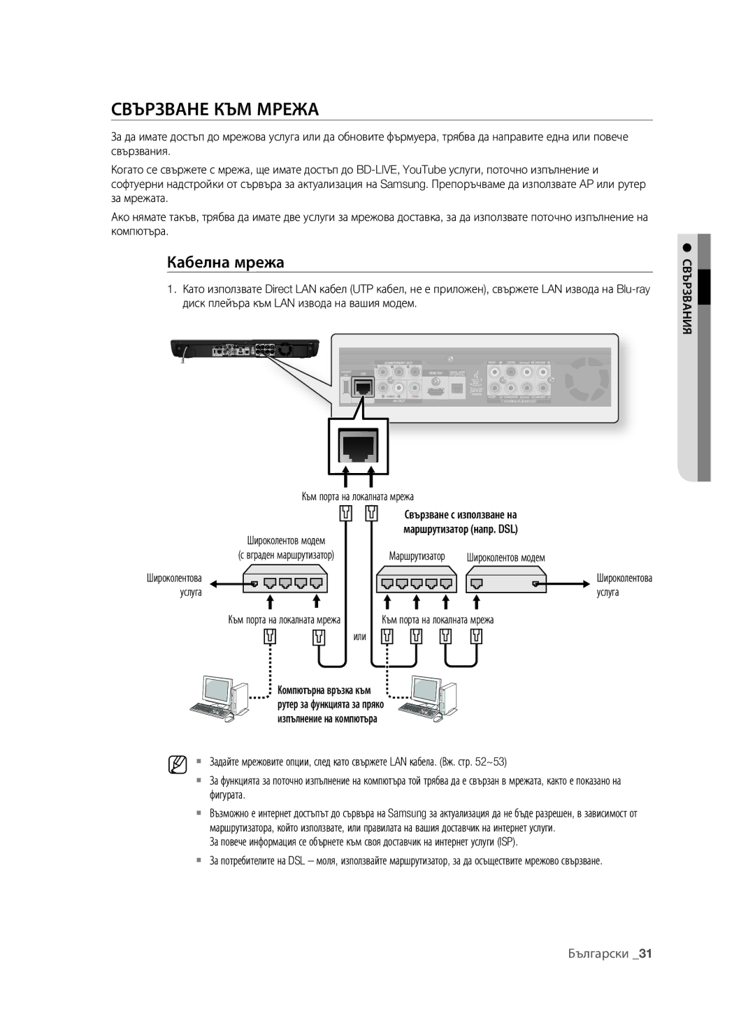 Samsung BD-P3600/EDC manual Кабелна мрежа, Или, Широколентова Услуга Към порта на локалната мрежа, Широколентов модем 