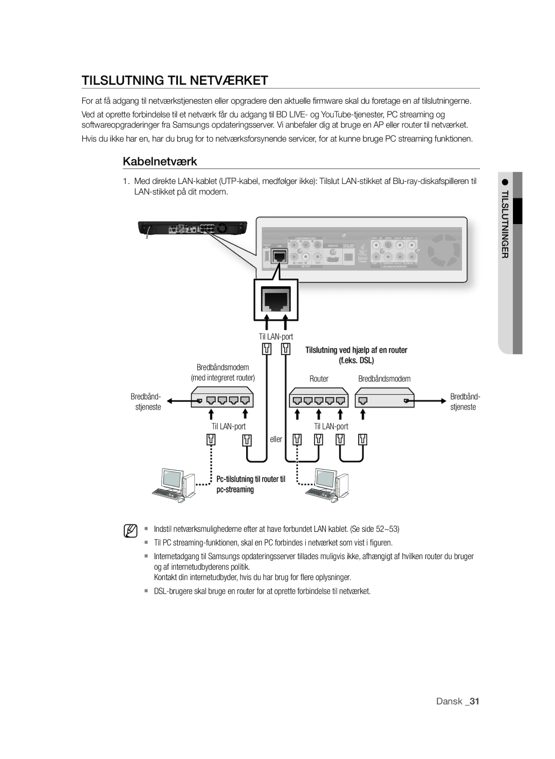 Samsung BD-P3600/XEE manual Kabelnetværk, Til LAN-port Eller 