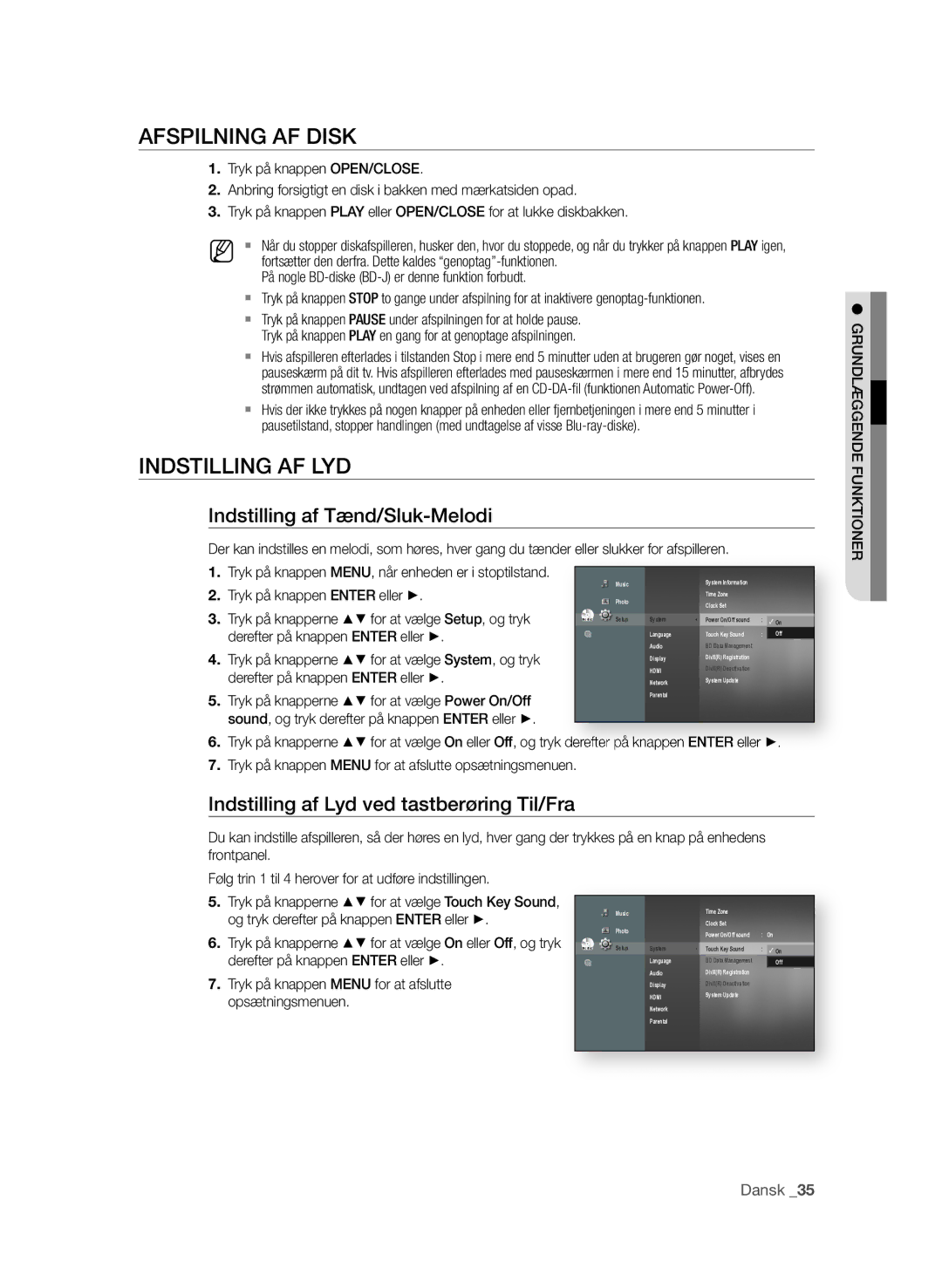 Samsung BD-P3600/XEE manual AFsPIlNING AF dIsK, INdsTIllING AF lyd, Indstilling af Tænd/sluk-Melodi, Dansk 3 