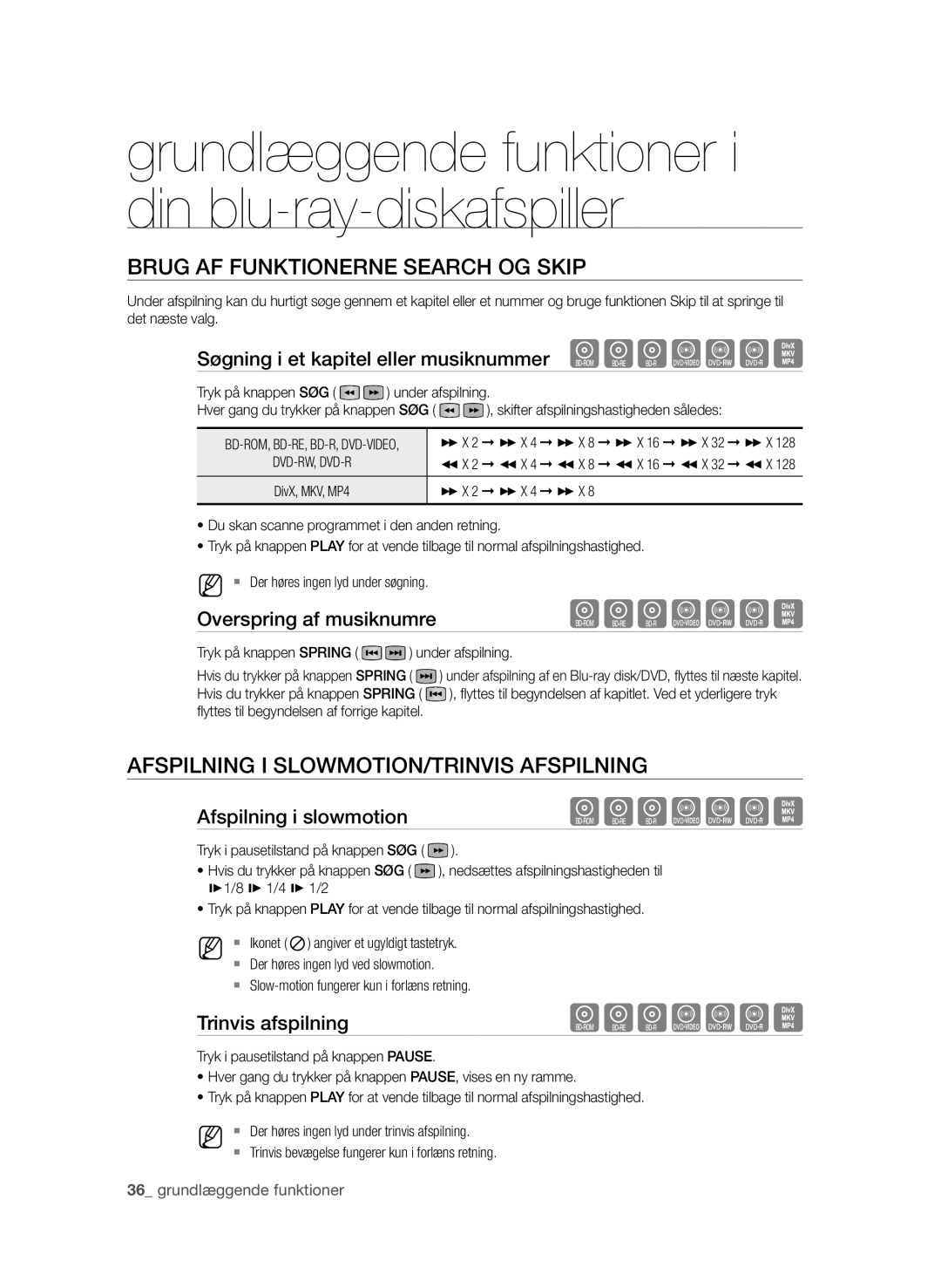 Samsung BD-P3600/XEE manual Brug af funktionerne Search og Skip, Afspilning i slowmotion/trinvis afspilning 