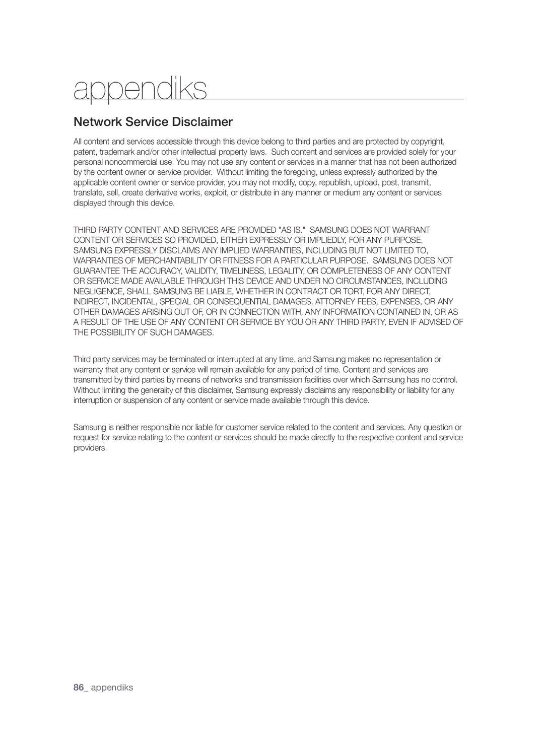 Samsung BD-P3600/XEE manual Network Service Disclaimer 