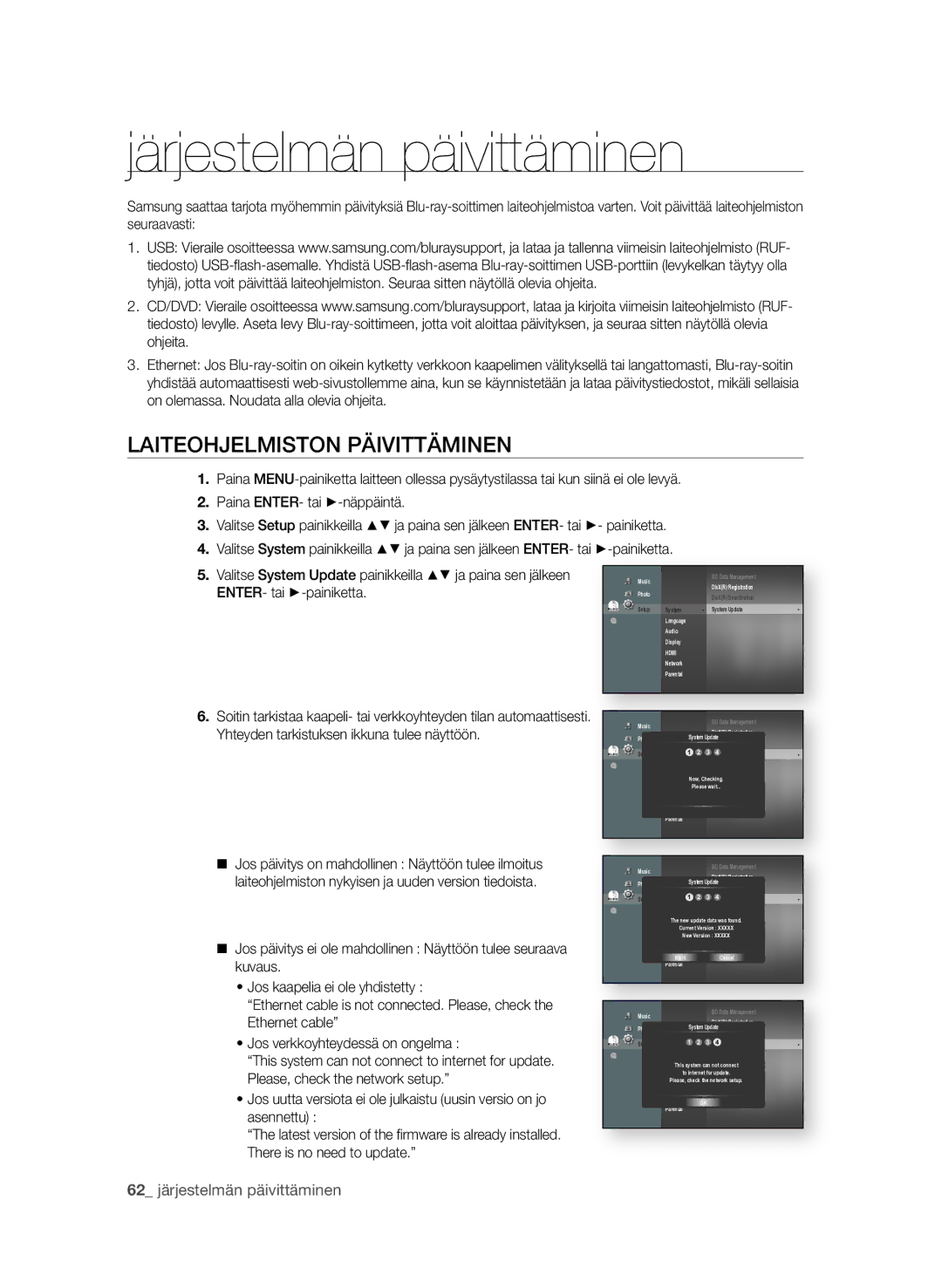 Samsung BD-P3600/XEE manual Järjestelmän päivittäminen, LaitEoHjELMistoN PÄiVittÄMiNEN, 2 järjestelmän päivittäminen 