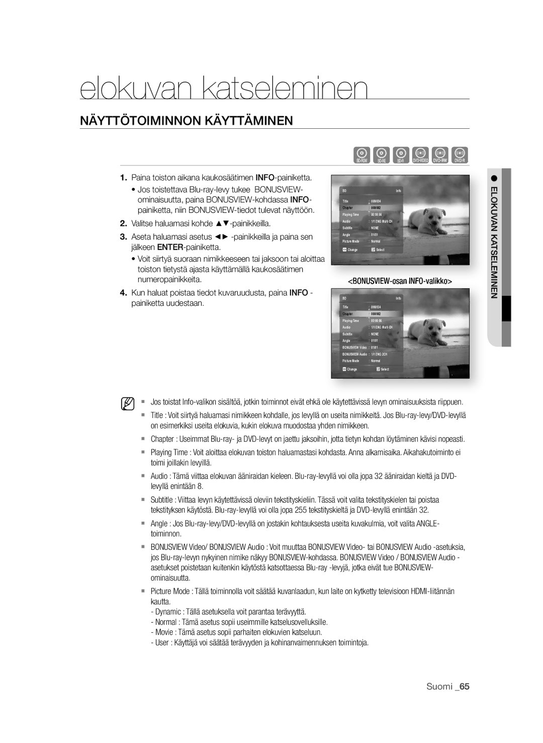 Samsung BD-P3600/XEE manual Elokuvan katseleminen, NÄyttÖtoiMiNNoN KÄyttÄMiNEN 