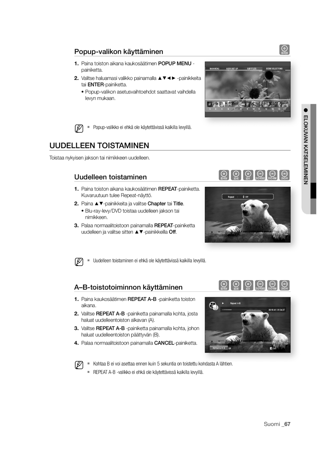 Samsung BD-P3600/XEE UudELLEEN toistaMiNEN, Popup-valikon käyttäminen, Uudelleen toistaminen, Toistotoiminnon käyttäminen 