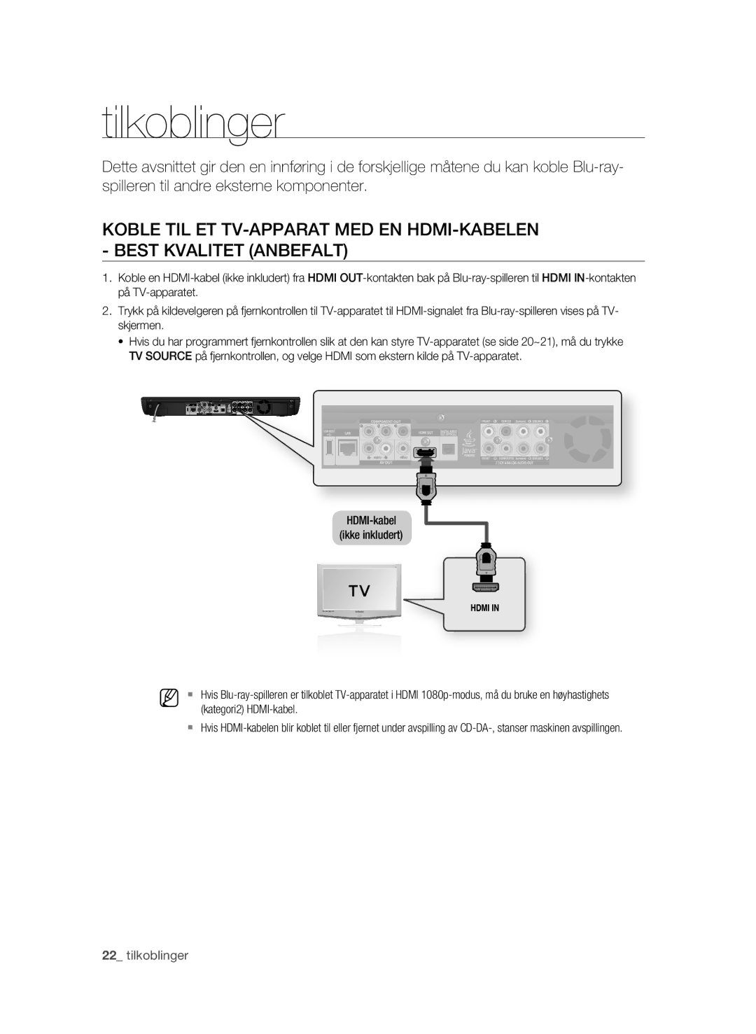 Samsung BD-P3600/XEE manual Tilkoblinger, Kategori2 HDMI-kabel 