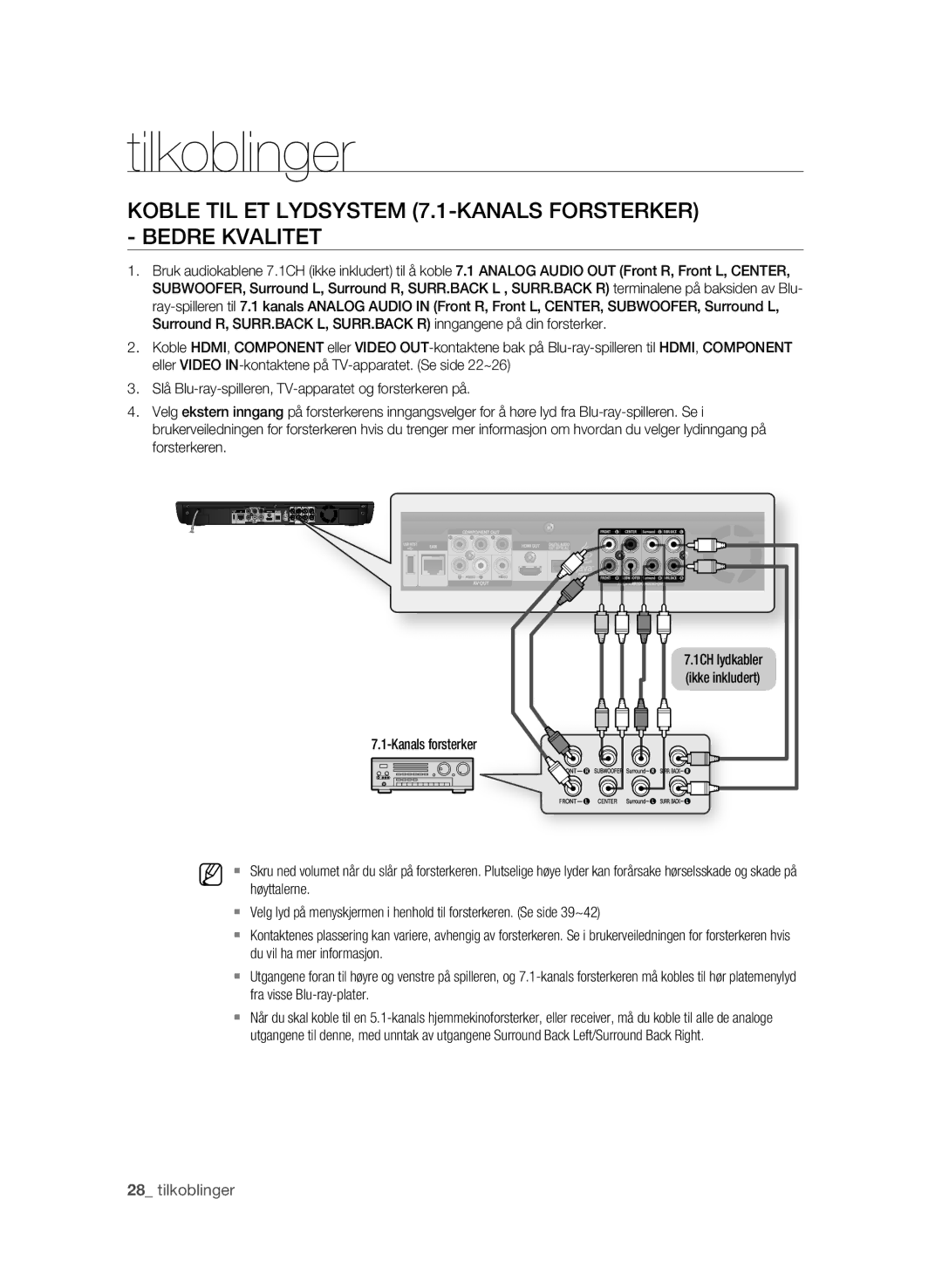 Samsung BD-P3600/XEE manual Koble TIL ET Lydsystem 7.1-KANALS Forsterker Bedre Kvalitet, Kanals forsterker 