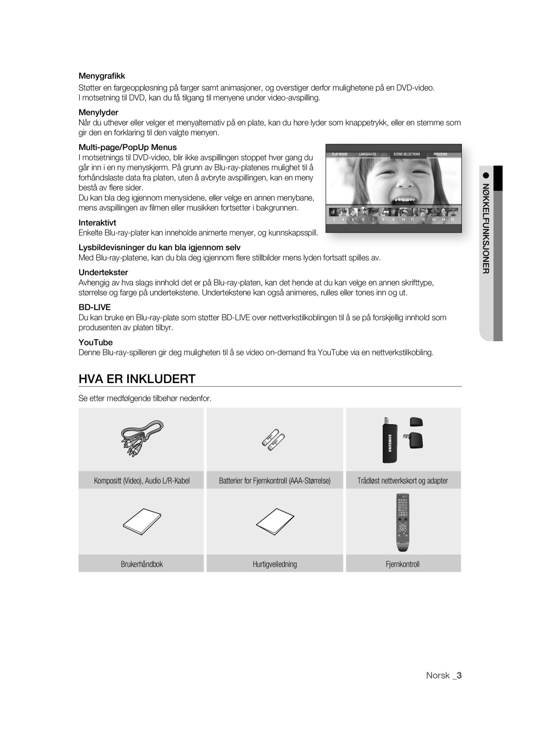 Samsung BD-P3600/XEE manual HVA ER Inkludert, Norsk, Bd-Live 