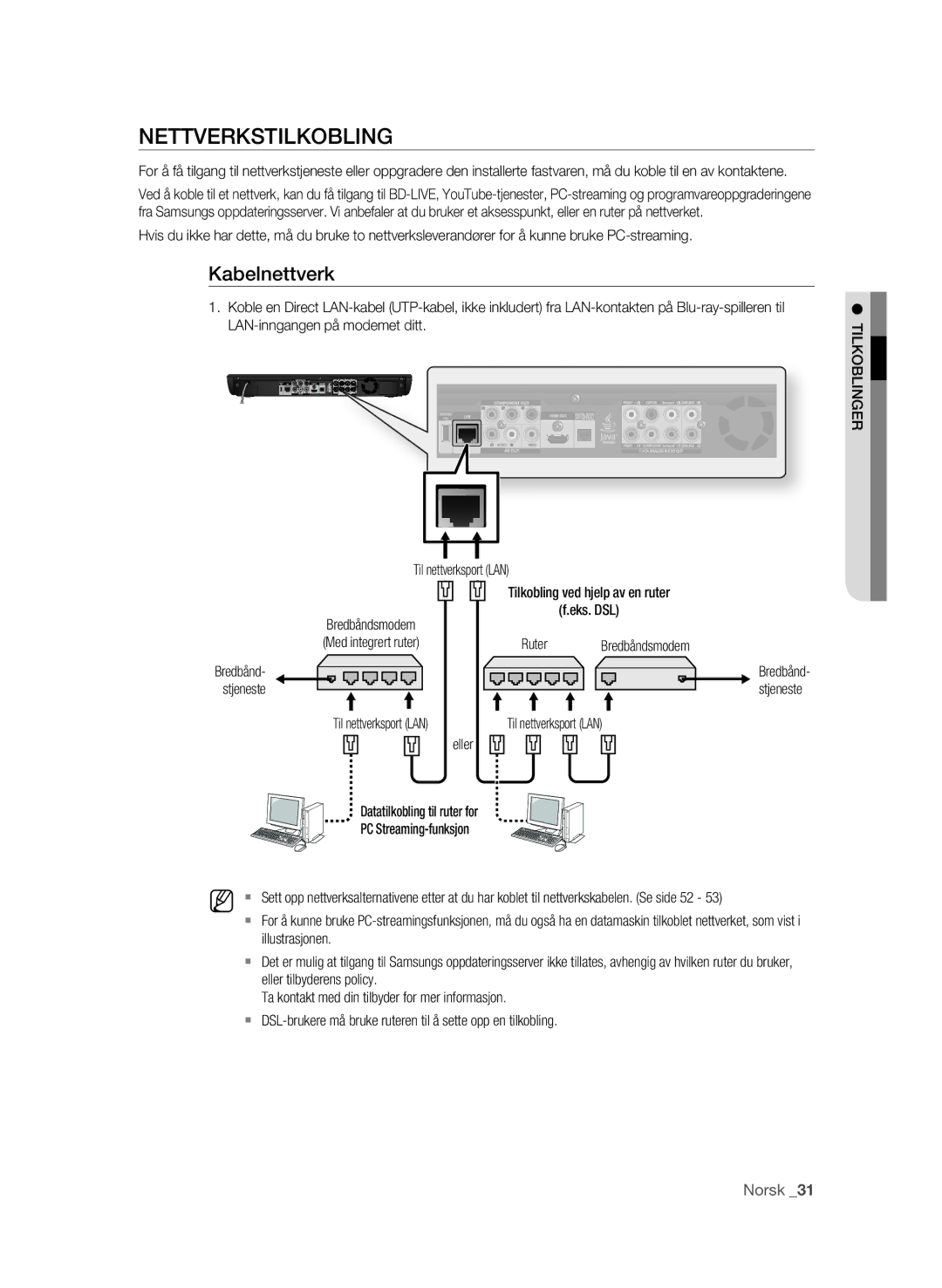 Samsung BD-P3600/XEE manual Nettverkstilkobling, Kabelnettverk, Datatilkobling til ruter for 