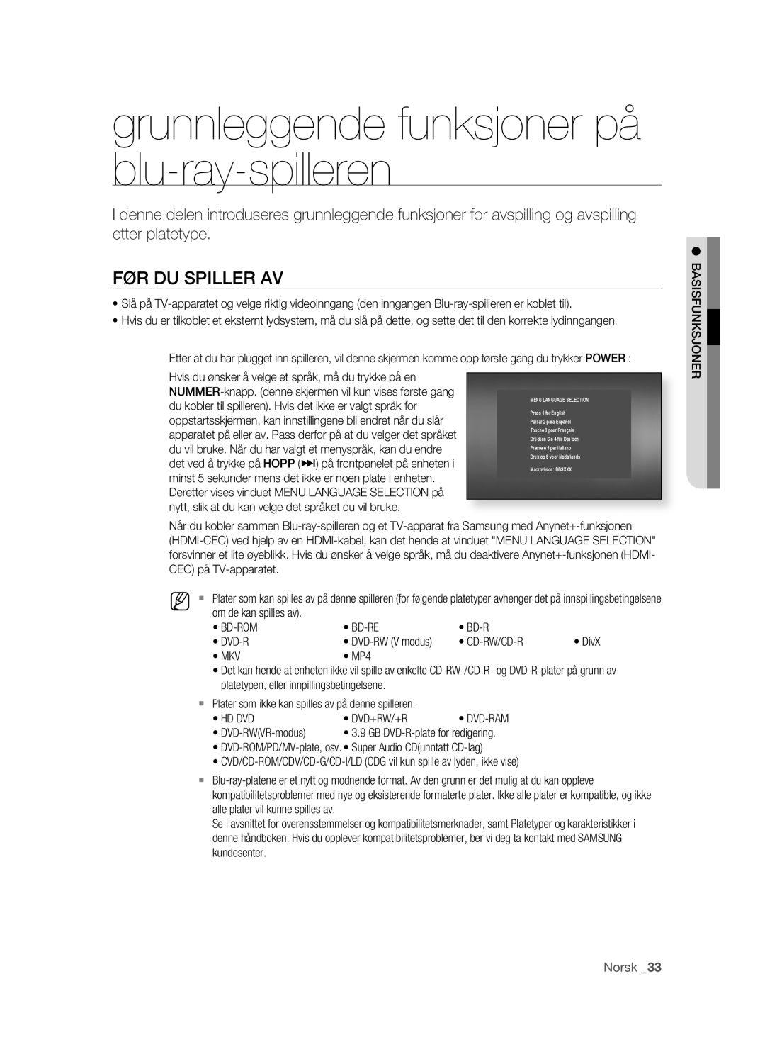 Samsung BD-P3600/XEE manual Grunnleggende funksjoner på blu-ray-spilleren, FØR DU Spiller AV 