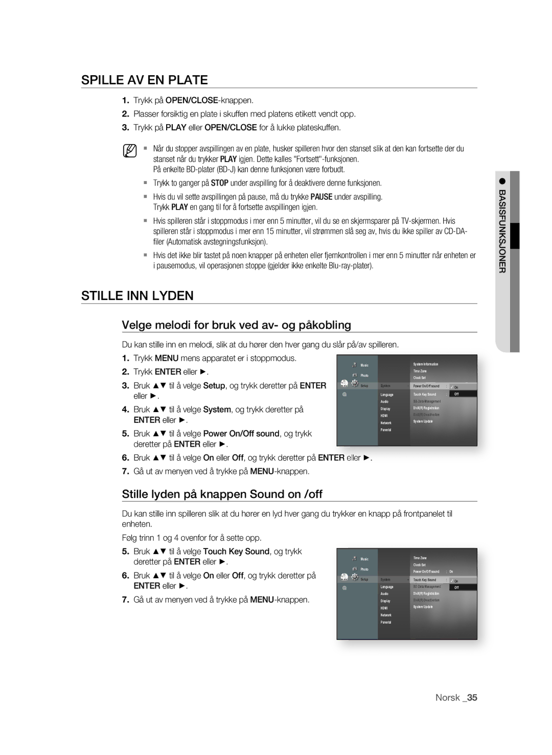 Samsung BD-P3600/XEE manual Spille AV EN Plate, Stille INN Lyden, Velge melodi for bruk ved av- og påkobling, Norsk 3 