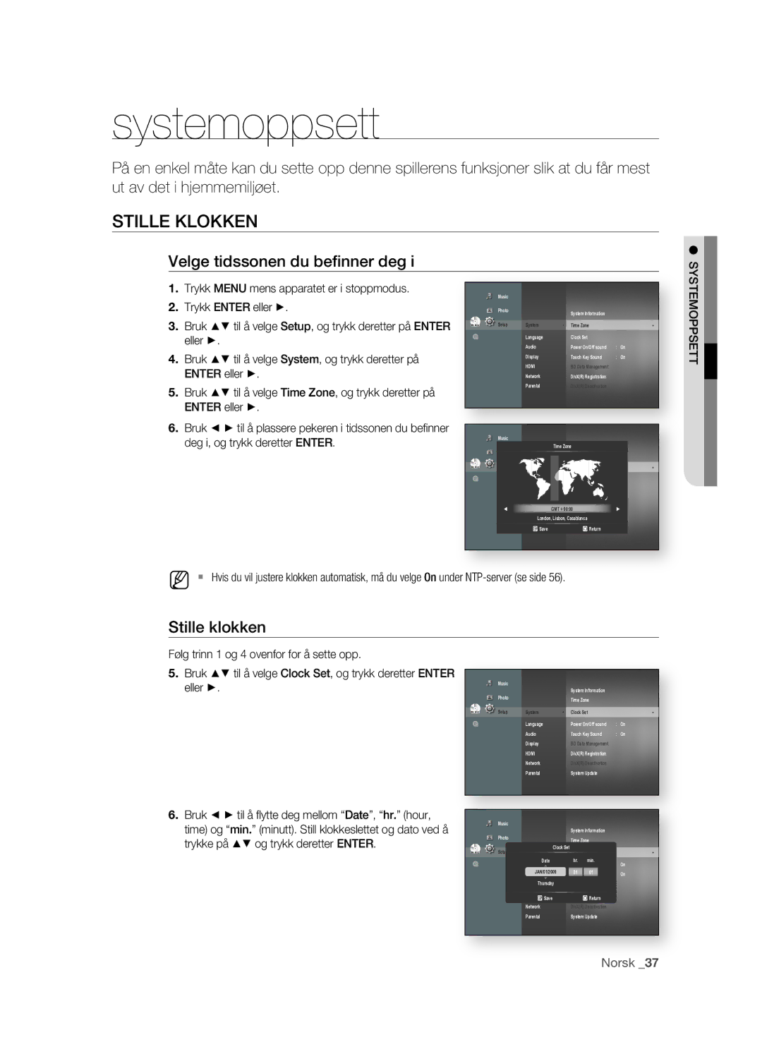 Samsung BD-P3600/XEE manual Systemoppsett, Stille Klokken, Stille klokken 