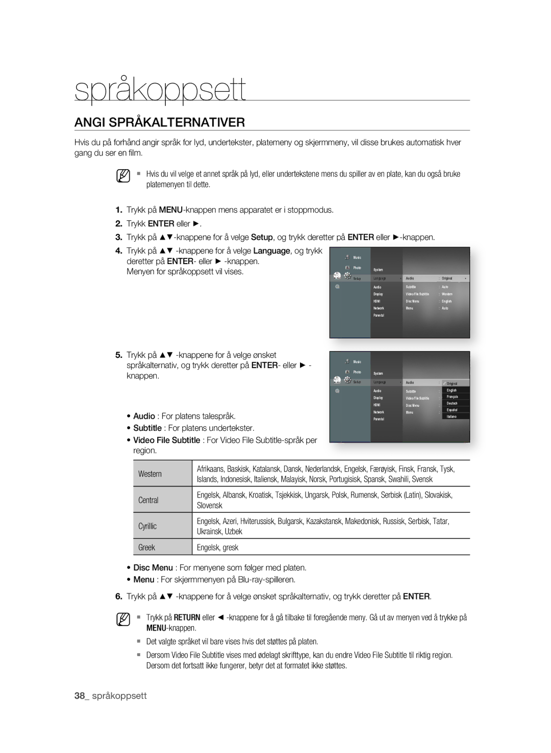 Samsung BD-P3600/XEE manual Språkoppsett, Angi Språkalternativer,  språkoppsett 