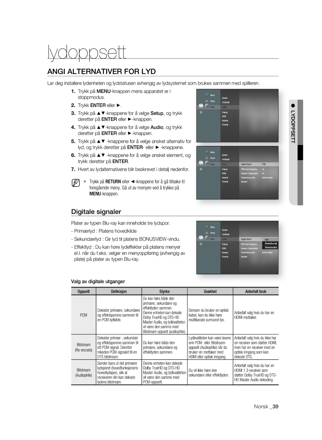 Samsung BD-P3600/XEE manual Lydoppsett, Angi Alternativer for LYD, Digitale signaler 