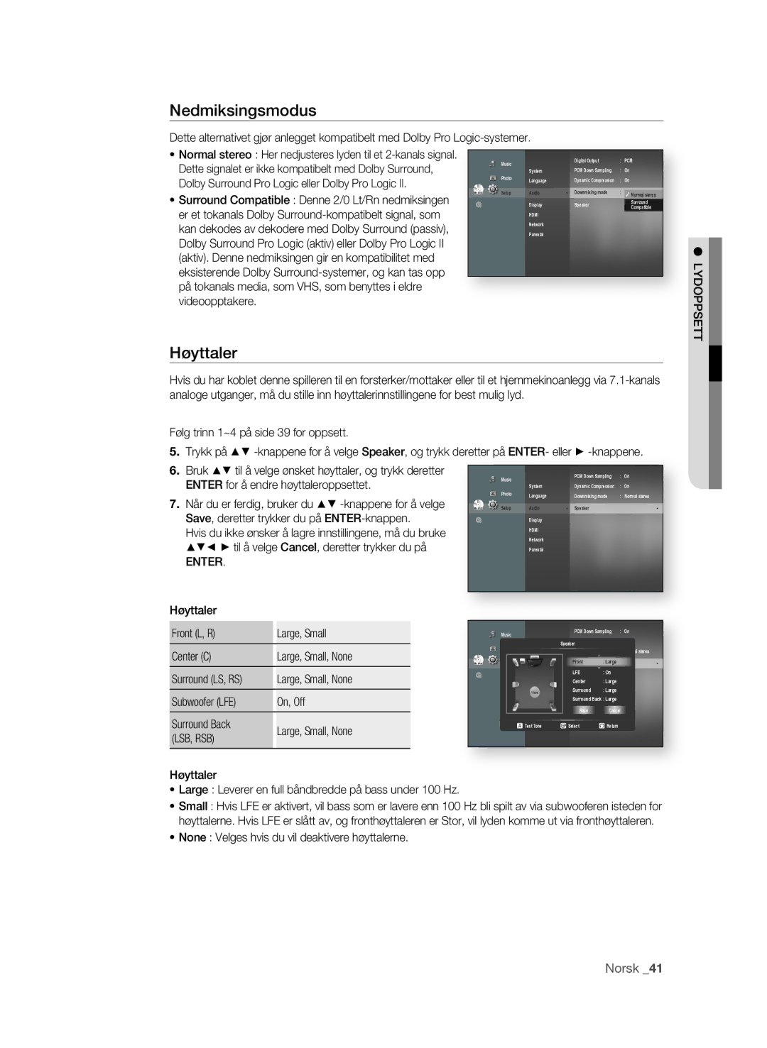 Samsung BD-P3600/XEE manual Nedmiksingsmodus, Høyttaler, Norsk 1, Dolby Surround Pro Logic eller Dolby Pro Logic 