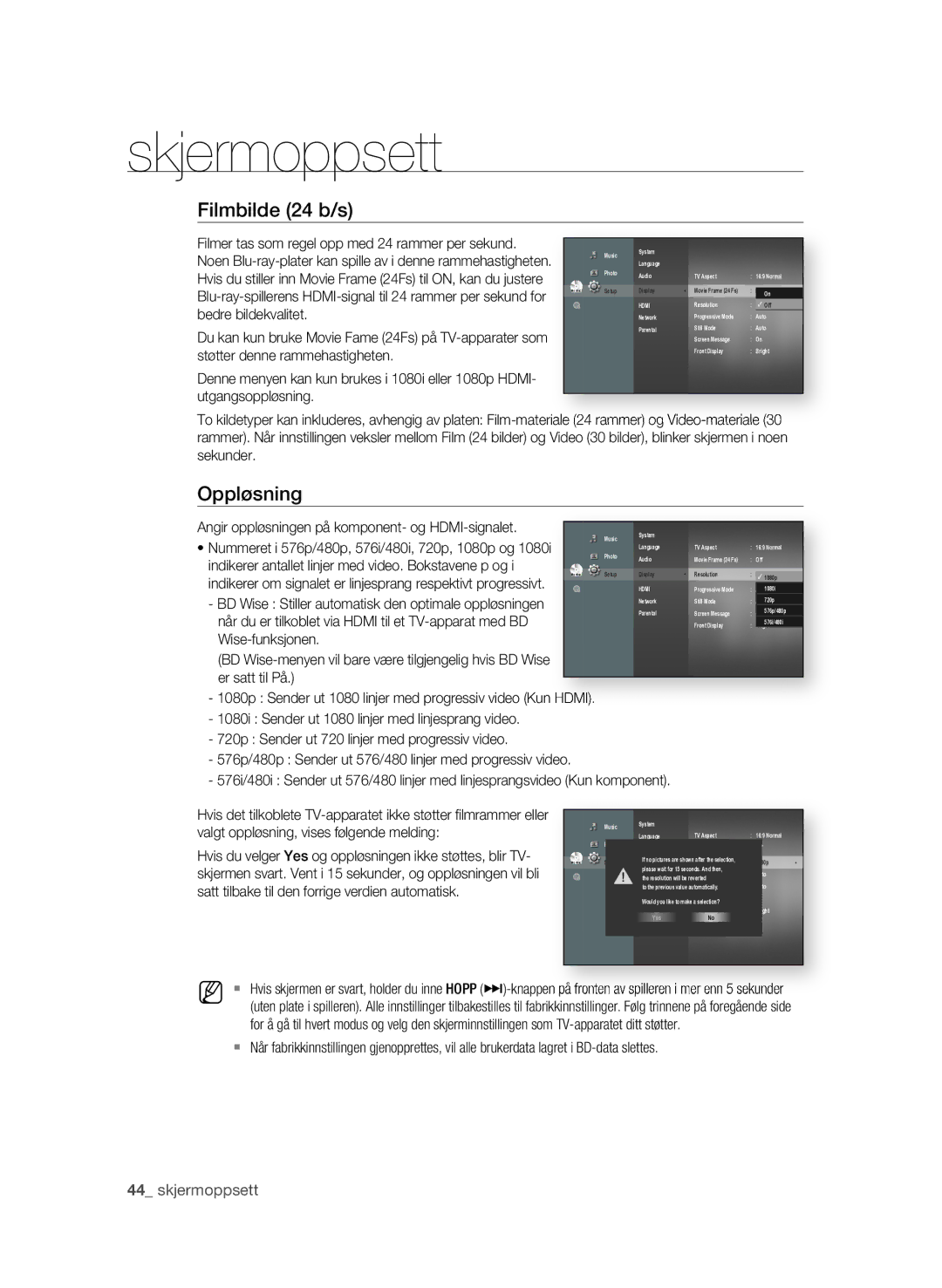 Samsung BD-P3600/XEE manual Skjermoppsett, Filmbilde 24 b/s, Oppløsning,  skjermoppsett 