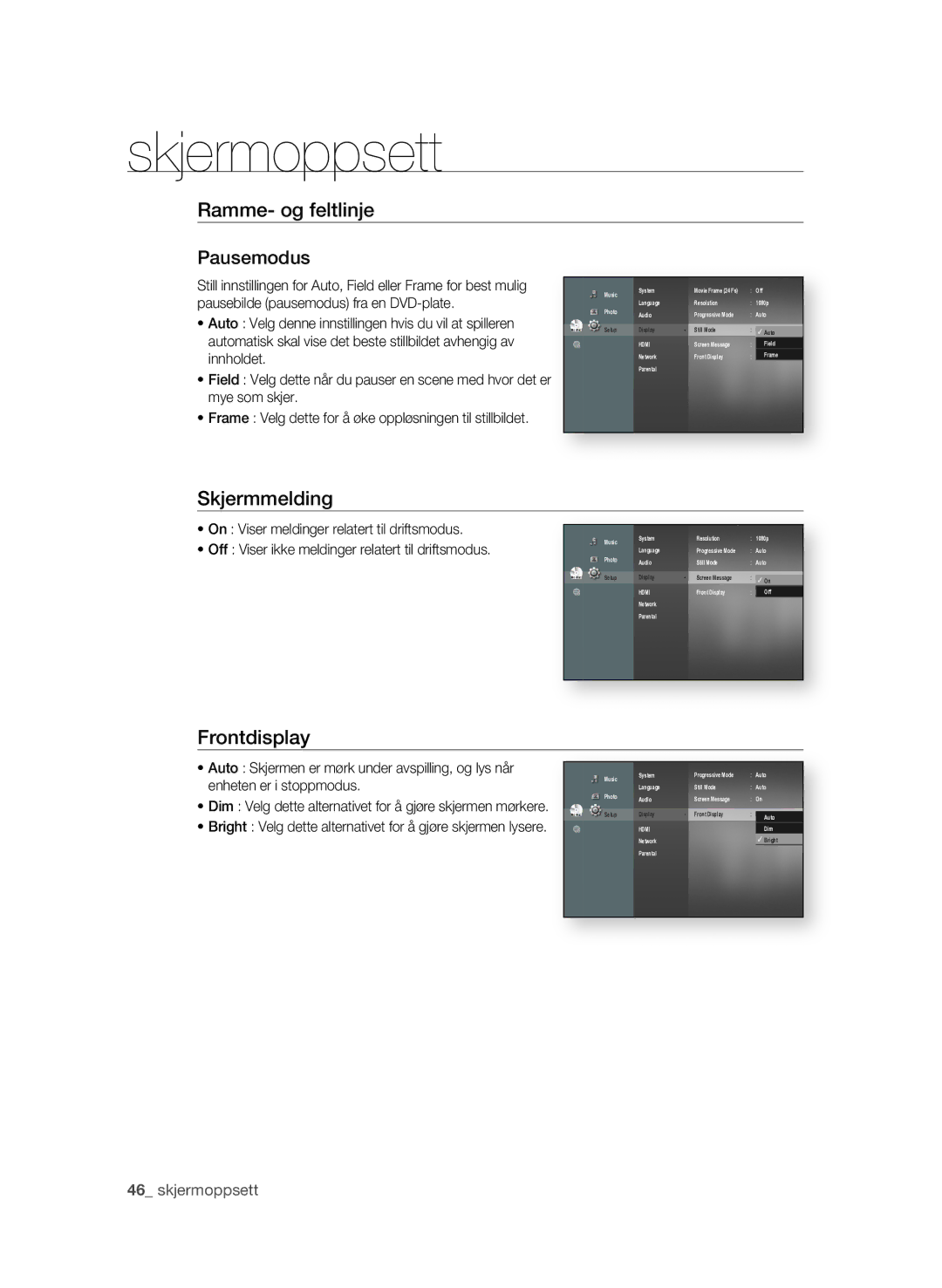 Samsung BD-P3600/XEE manual Ramme- og feltlinje Pausemodus, Skjermmelding, Frontdisplay 