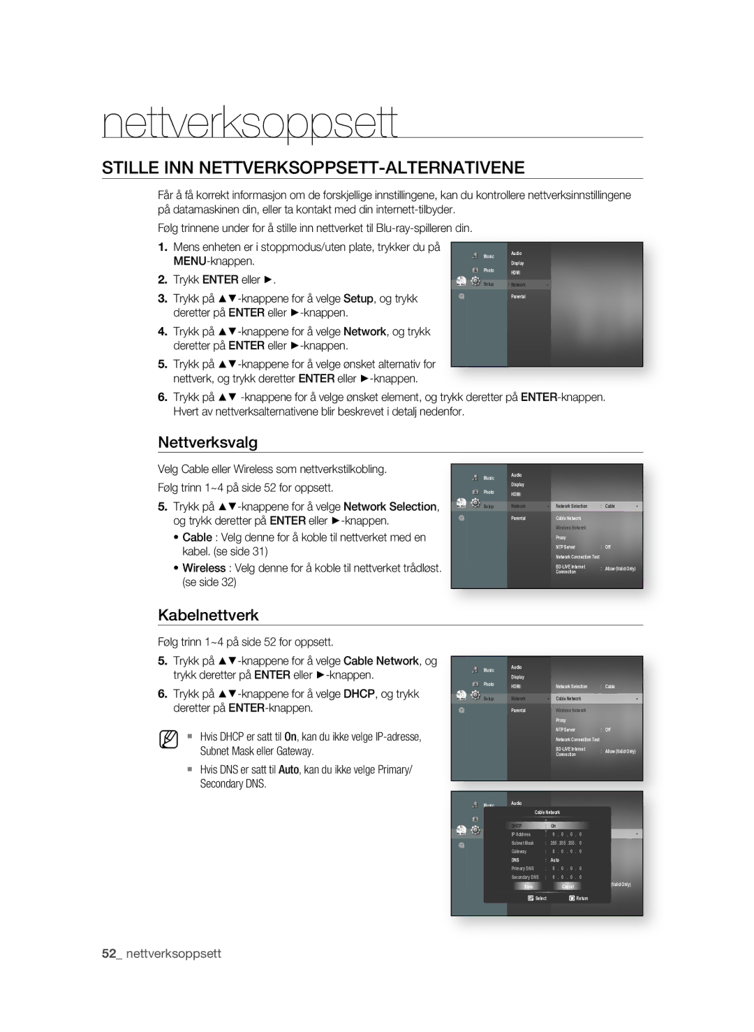 Samsung BD-P3600/XEE manual Nettverksoppsett, Stille INN NETTVERKSOPPSETT-ALTERNATIVENE, Nettverksvalg, 2 nettverksoppsett 