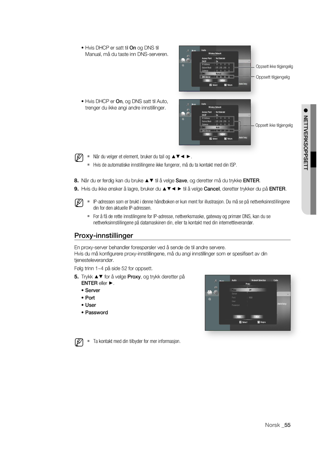 Samsung BD-P3600/XEE manual Proxy-innstillinger, . Trykk $% for å velge Proxy, og trykk deretter på, Server, Port, User 