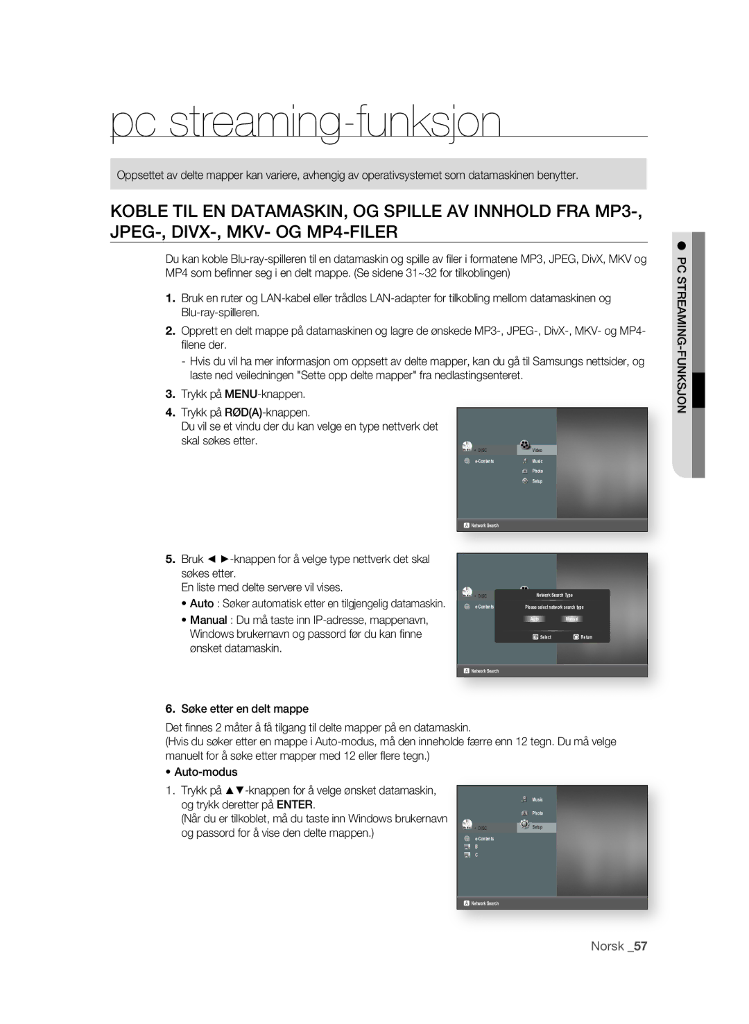 Samsung BD-P3600/XEE manual Pc streaming-funksjon 