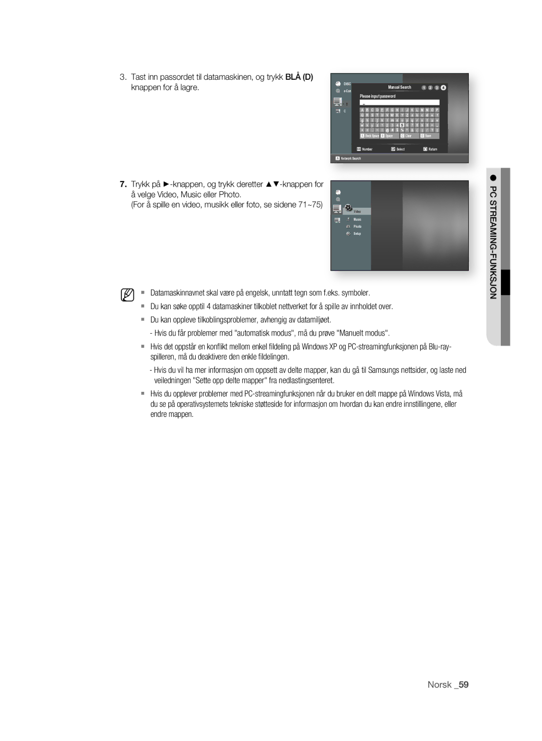 Samsung BD-P3600/XEE manual For å spille en video, musikk eller foto, se sidene 71~75 