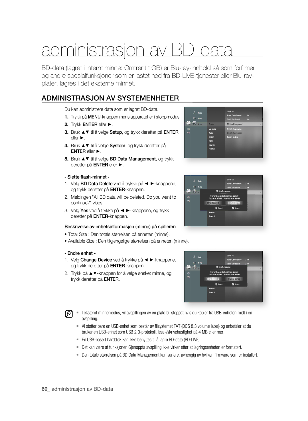 Samsung BD-P3600/XEE manual Administrasjon av BD-data, ADMINISTRASjON AV SYSTEMENhETER, 0 administrasjon av BD-data 