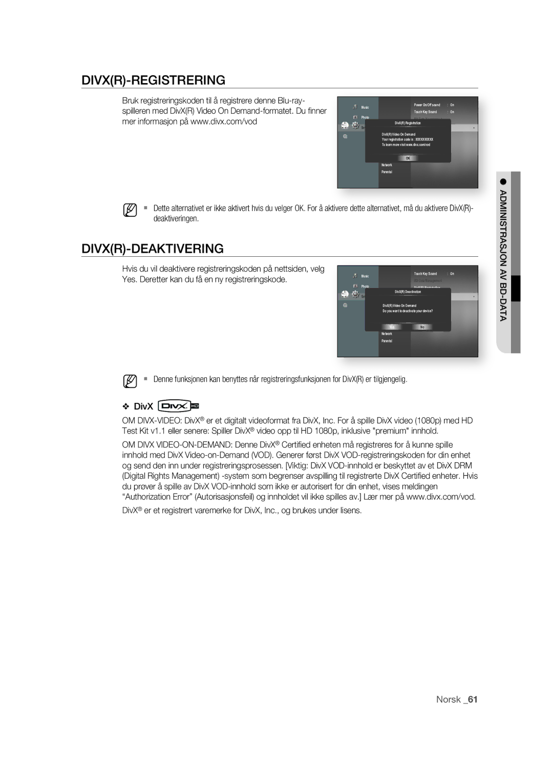 Samsung BD-P3600/XEE manual Divxr-Registrering, Deaktiveringen, Yes. Deretter kan du få en ny registreringskode 