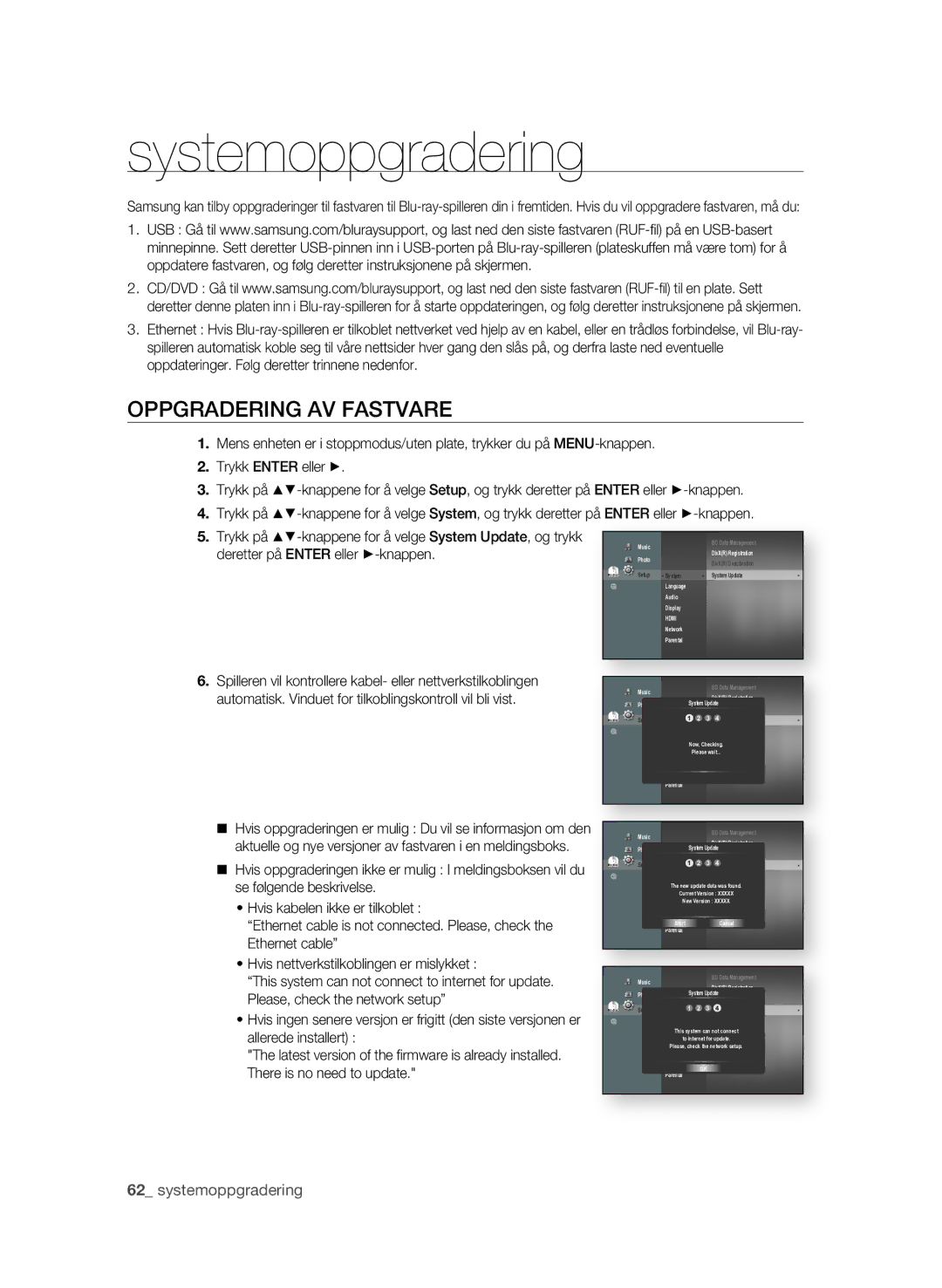 Samsung BD-P3600/XEE manual Systemoppgradering, Oppgradering AV Fastvare, 2 systemoppgradering 