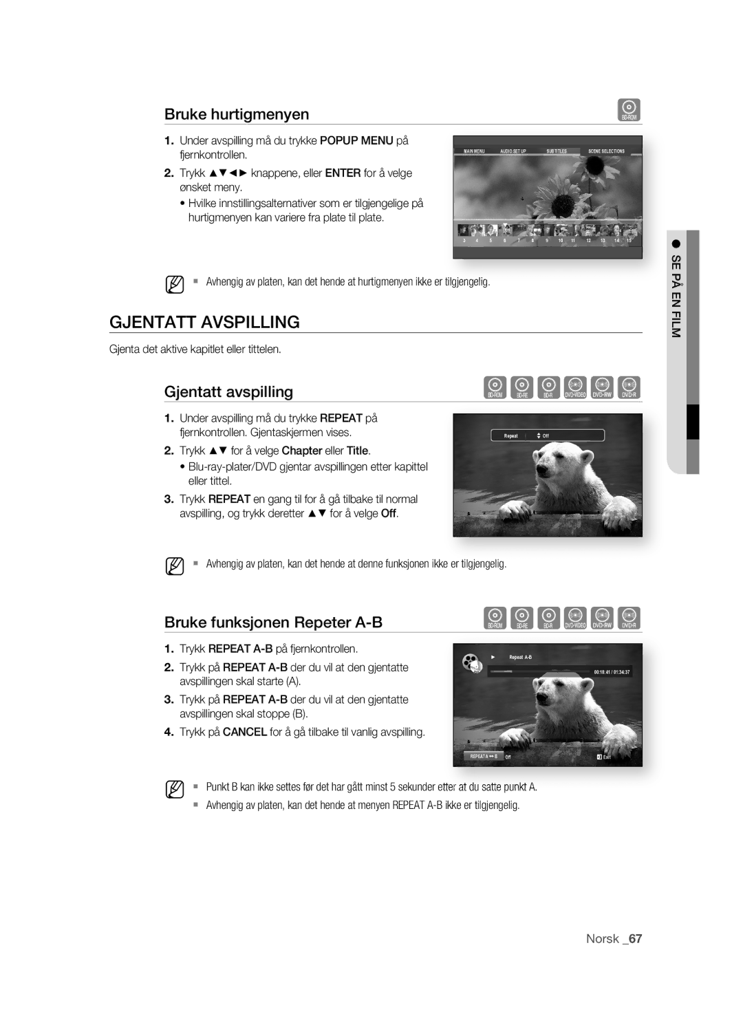 Samsung BD-P3600/XEE manual GjENTATT Avspilling, Bruke hurtigmenyen, Gjentatt avspilling, Bruke funksjonen Repeter A-B 