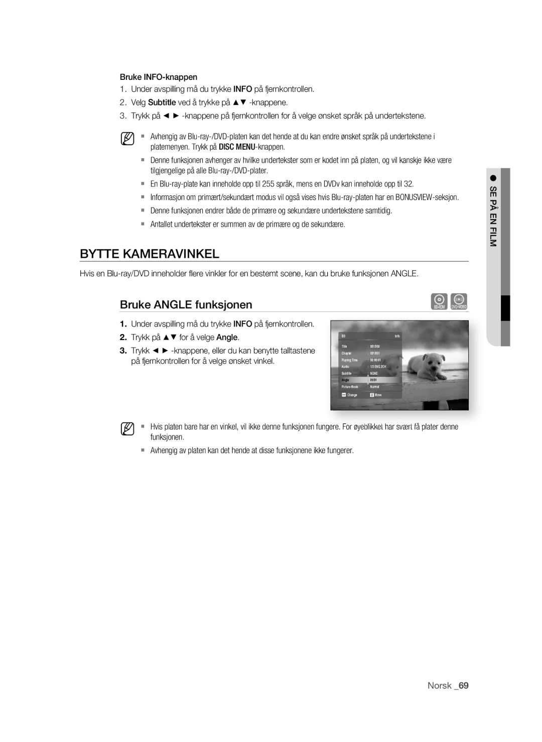 Samsung BD-P3600/XEE manual Bytte Kameravinkel, Bruke Angle funksjonen, SE PÅ EN Film, For 