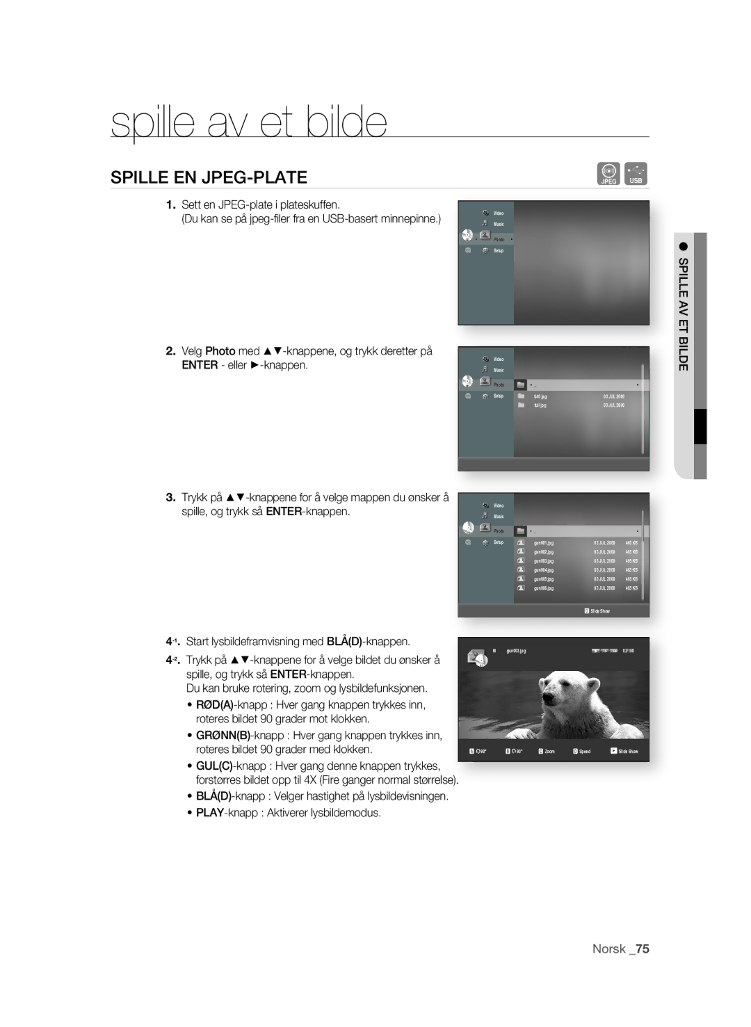 Samsung BD-P3600/XEE manual Spille av et bilde, Spille EN jPEG-PLATE, Sett en JPEG-plate i plateskuffen, Spille AV ET Bilde 