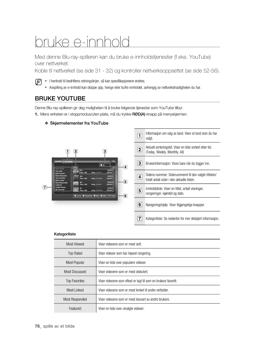 Samsung BD-P3600/XEE manual Bruke e-innhold, Bruke Youtube,  spille av et bilde 