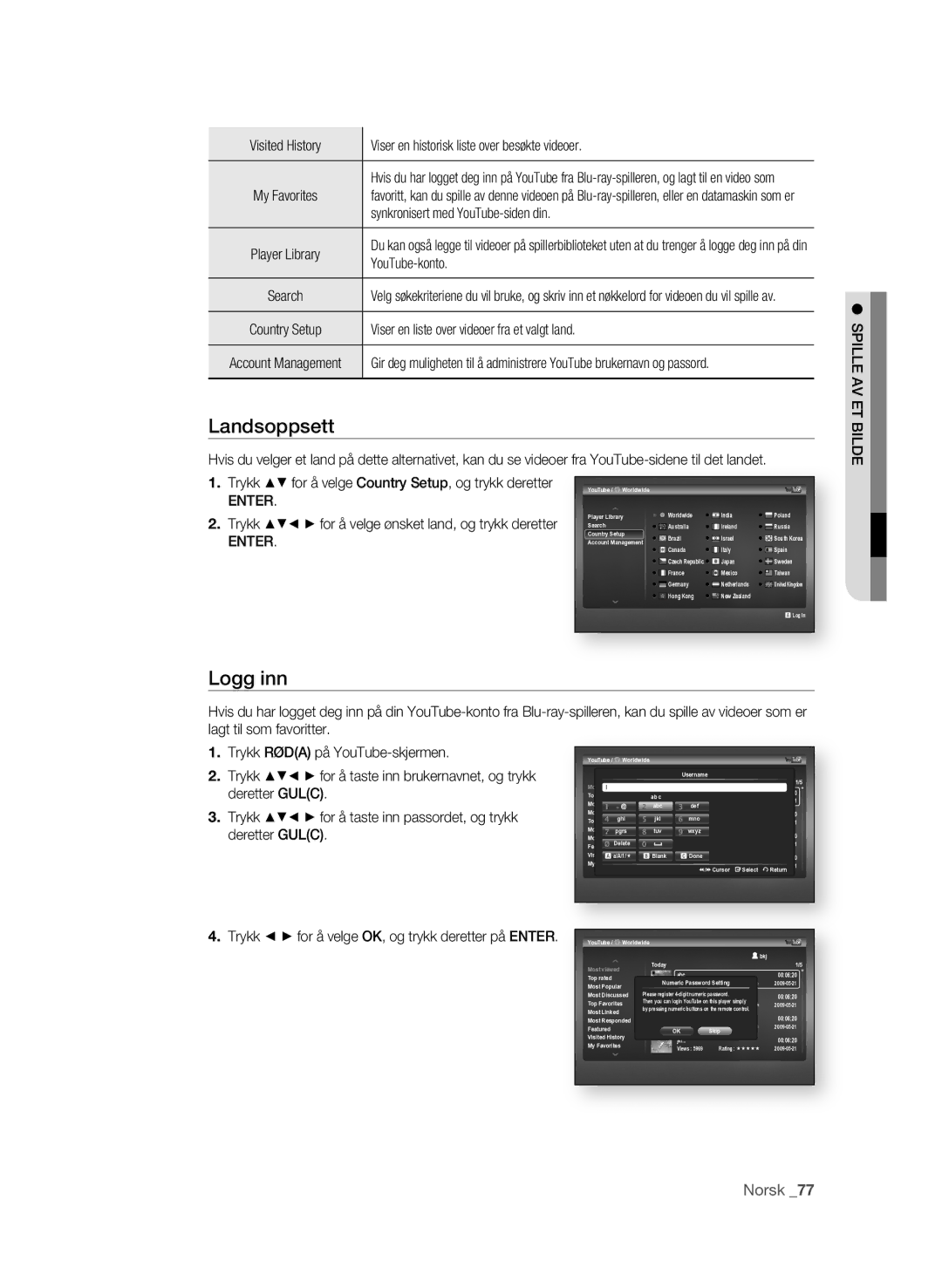 Samsung BD-P3600/XEE manual Landsoppsett, Logg inn, Trykk $% for å velge Country Setup, og trykk deretter 