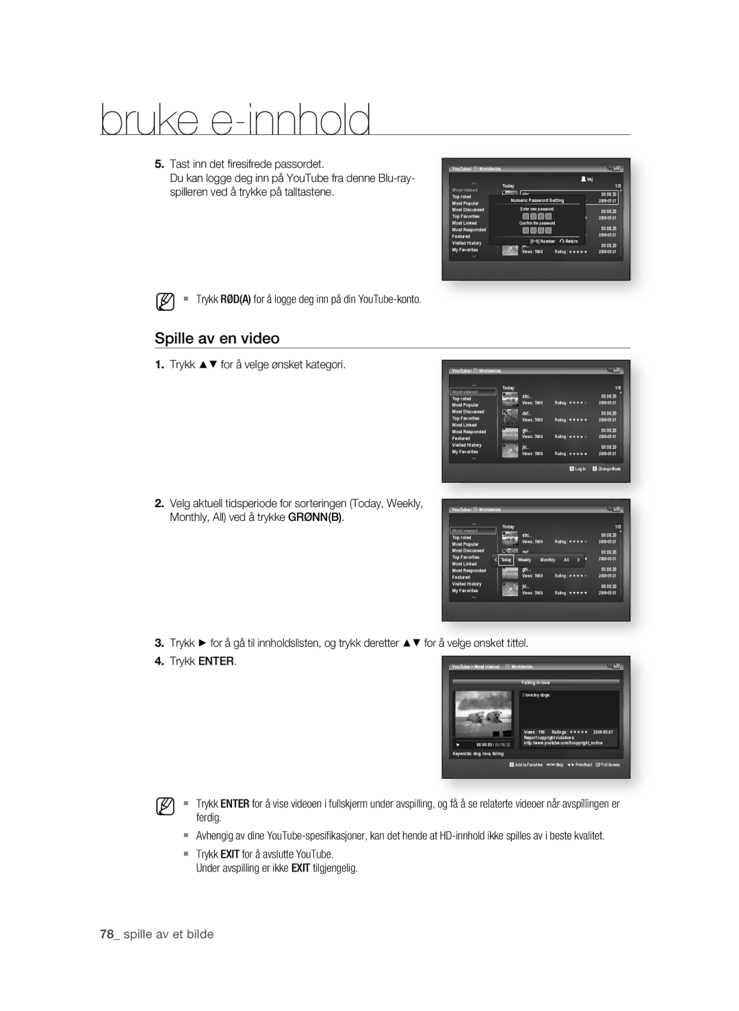 Samsung BD-P3600/XEE manual Spille av en video, . Trykk Enter 