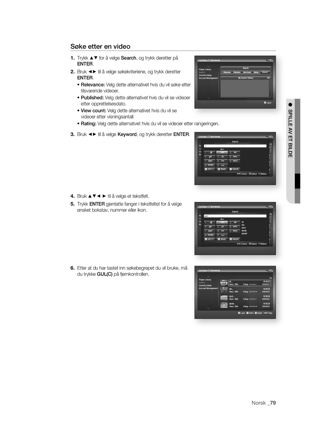 Samsung BD-P3600/XEE manual Søke etter en video, Trykk $% for å velge Search, og trykk deretter på 