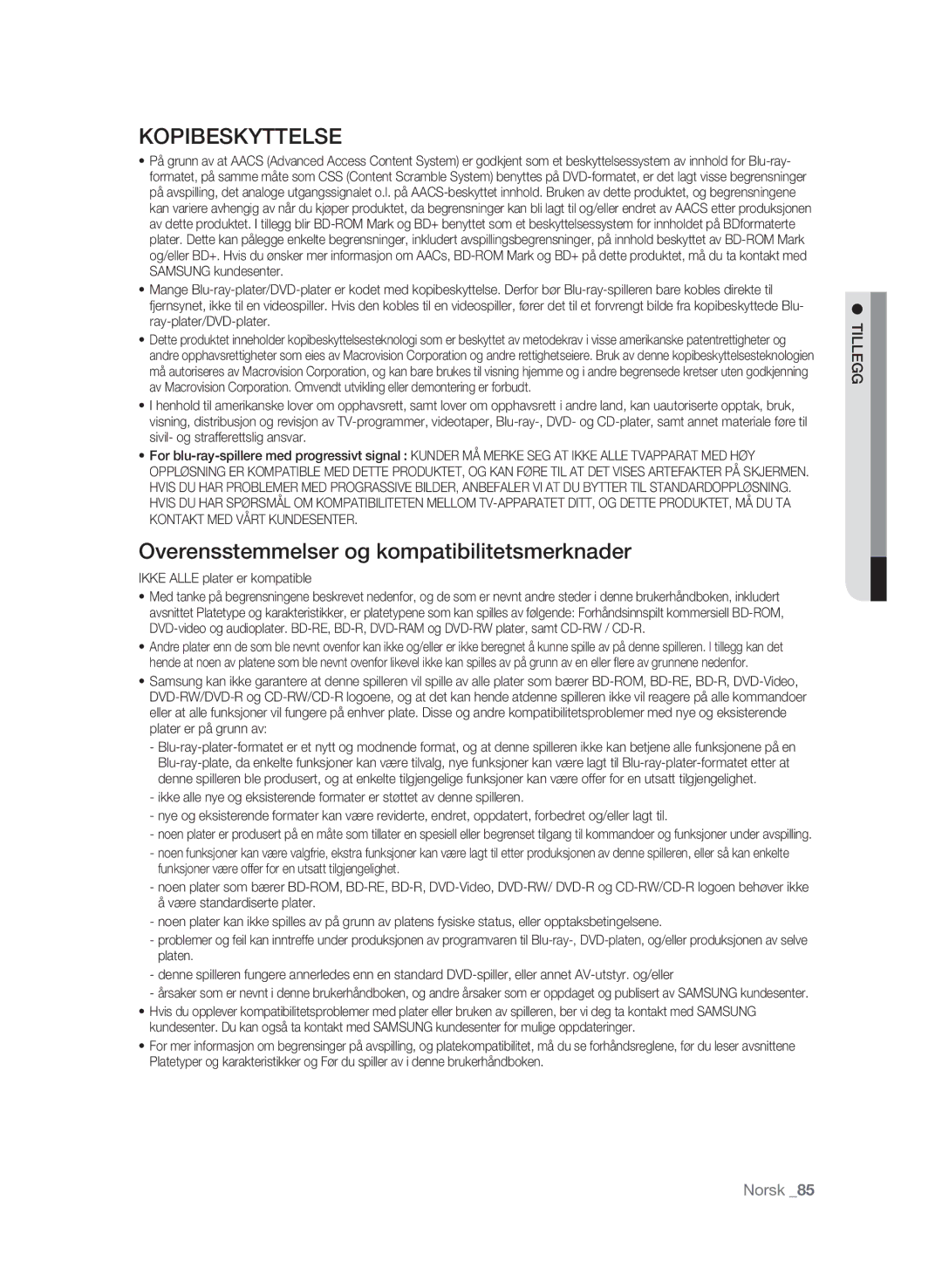 Samsung BD-P3600/XEE manual Kopibeskyttelse, Overensstemmelser og kompatibilitetsmerknader 