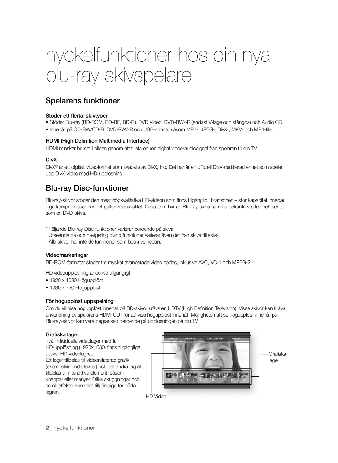 Samsung BD-P3600/XEE manual Nyckelfunktioner hos din nya blu-ray skivspelare, Spelarens funktioner, Blu-ray disc-funktioner 