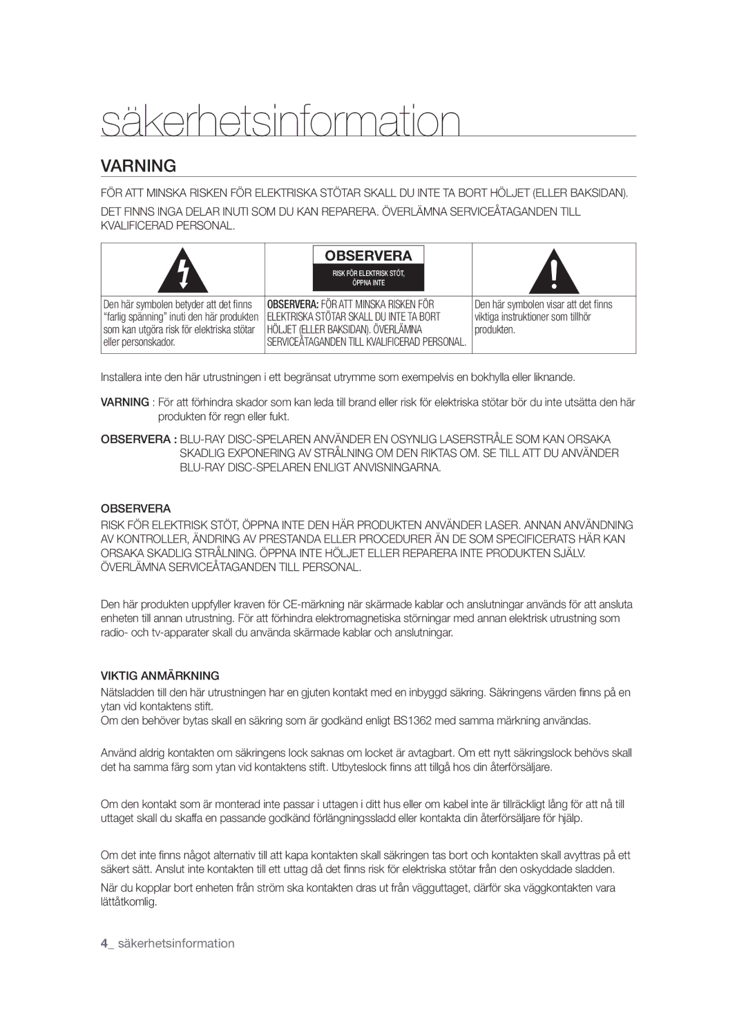 Samsung BD-P3600/XEE manual Säkerhetsinformation, Varning,  säkerhetsinformation, Observera, Viktig Anmärkning 