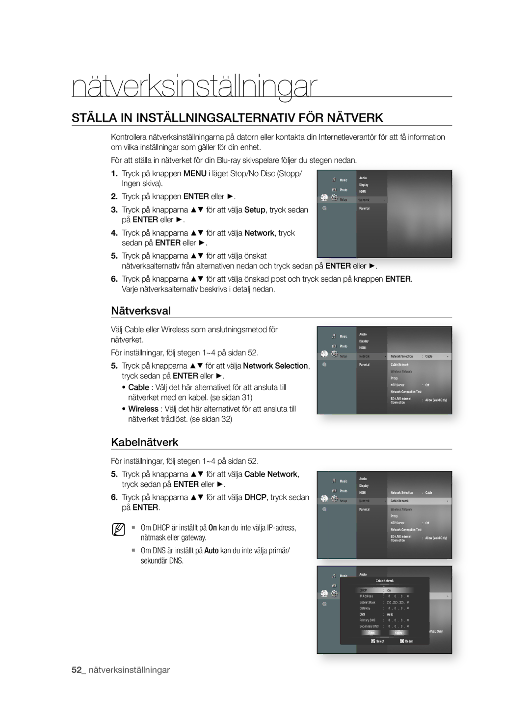 Samsung BD-P3600/XEE manual Nätverksinställningar, STÄLLa in inSTÄLLningSaLTErnaTiV FÖr nÄTVErK, Nätverksval 