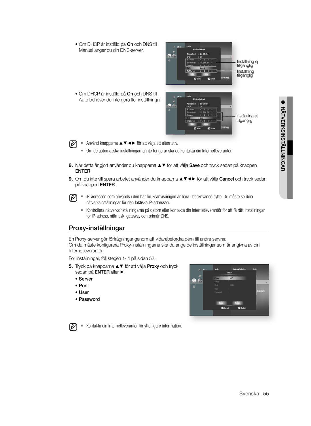 Samsung BD-P3600/XEE manual Proxy-inställningar, Server, Port, User, Password 