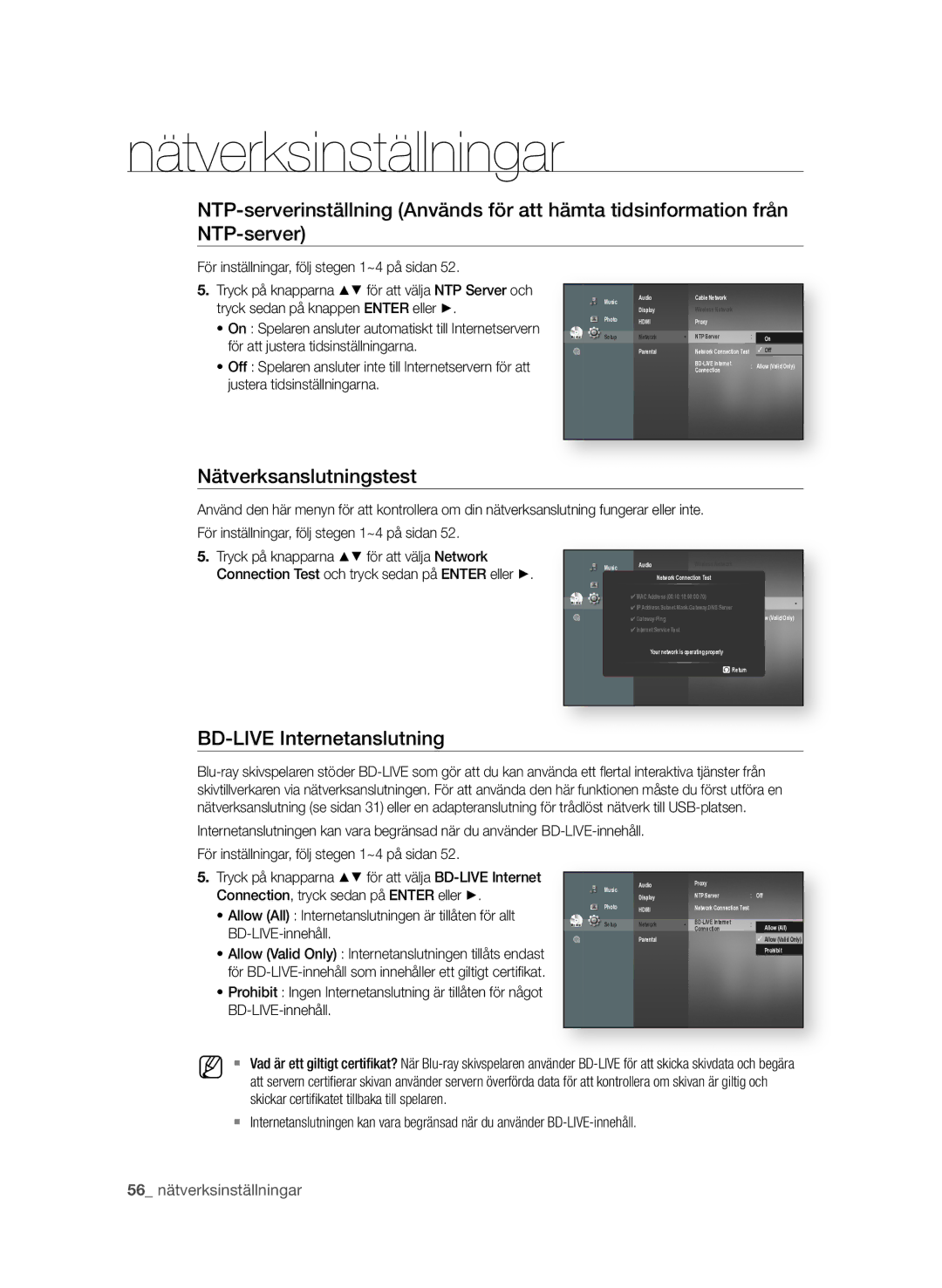 Samsung BD-P3600/XEE manual Nätverksanslutningstest, Bd-LiVE internetanslutning, Connection, tryck sedan på EnTEr eller + 