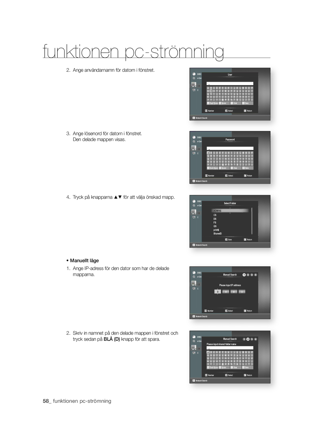 Samsung BD-P3600/XEE manual  funktionen pc-strömning, Ange användarnamn för datorn i fönstret 