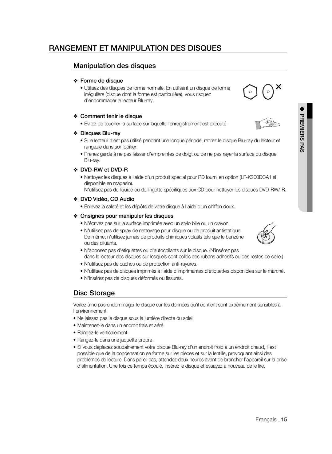 Samsung BD-P3600/XEF manual Rangement et manipulation des disques, Manipulation des disques, Disc Storage 