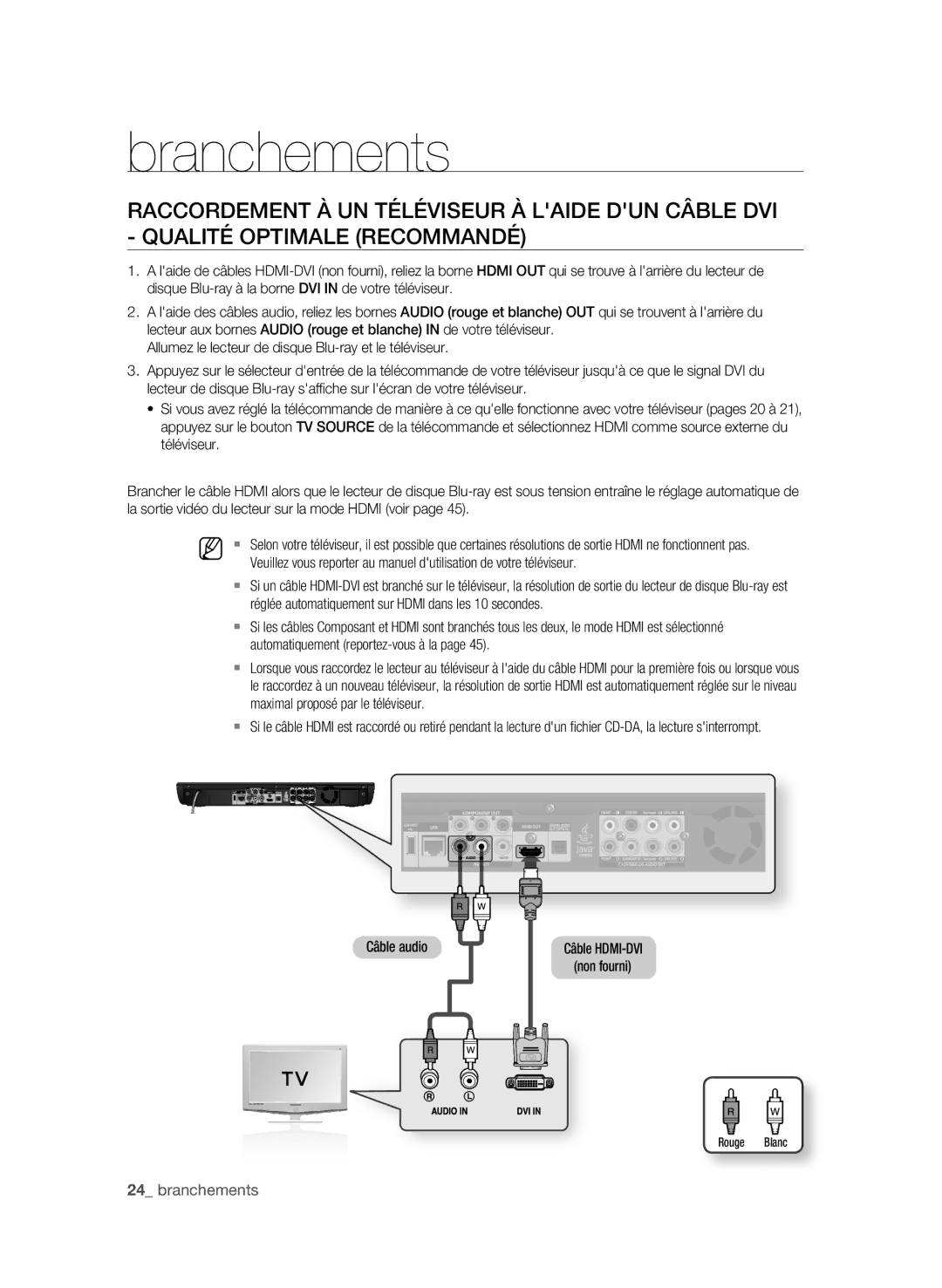 Samsung BD-P3600/XEF manual  branchements, Réglée automatiquement sur Hdmi dans les 10 secondes, Câble audio 