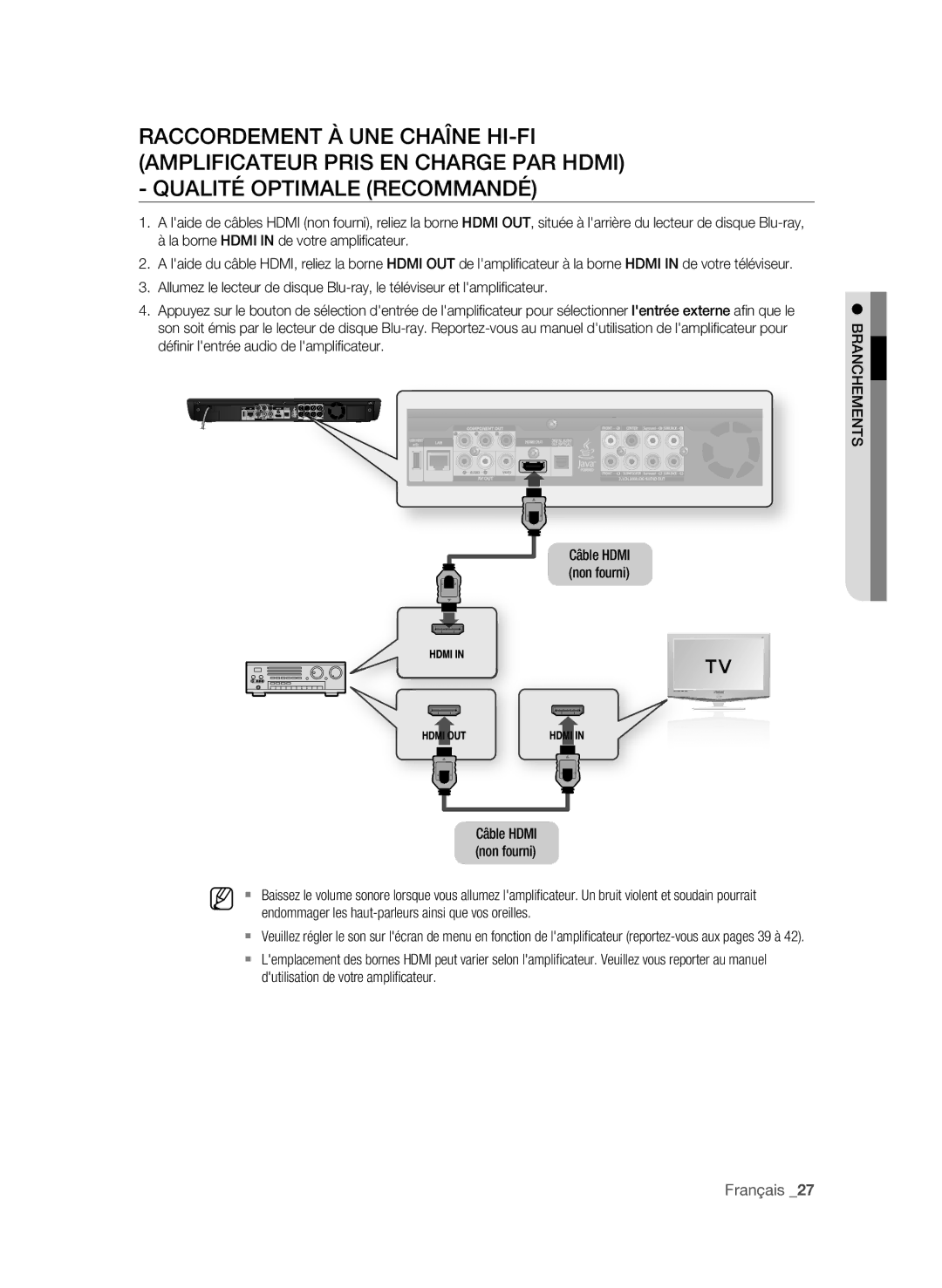 Samsung BD-P3600/XEF manual Câble Hdmi, Non fourni, Endommager les haut-parleurs ainsi que vos oreilles 