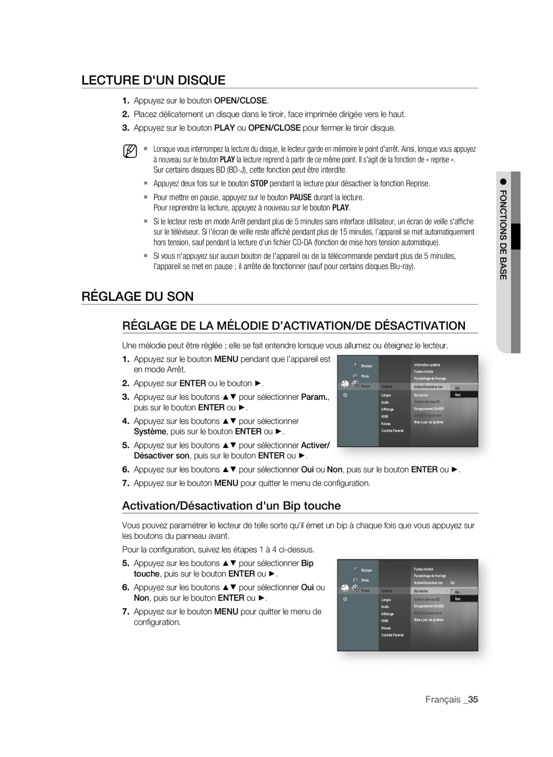 Samsung BD-P3600/XEF LeCtURe DUn DiSQUe, RégLAge DU Son, RégLAge De LA MéLoDie D’ACtiVAtion/De DéSACtiVAtion, Français 3 