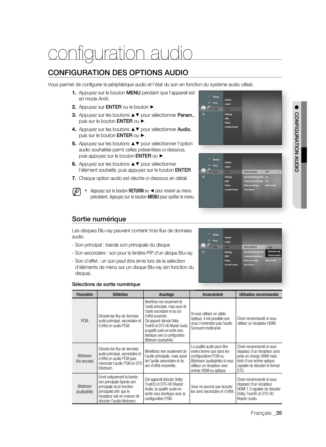 Samsung BD-P3600/XEF manual Confi guration audio, ConfigURAtion DeS oPtionS AUDio, Sortie numérique, Disque 