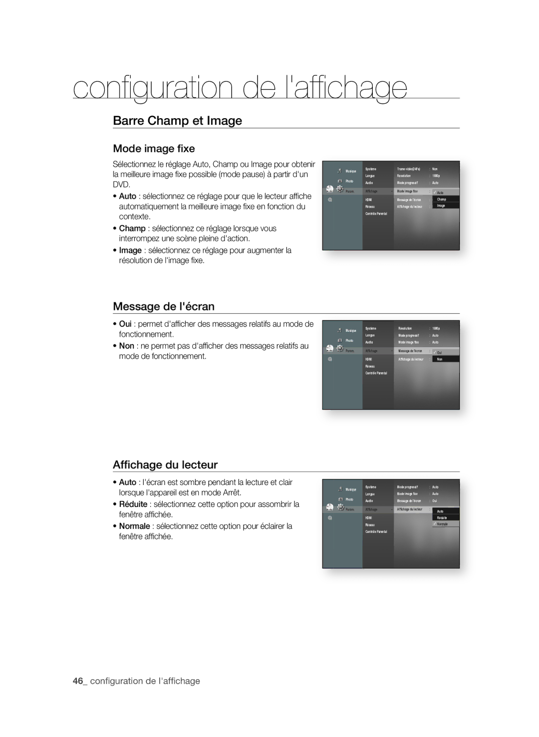 Samsung BD-P3600/XEF manual Barre Champ et image, Mode image fixe, Message de lécran, Affichage du lecteur 