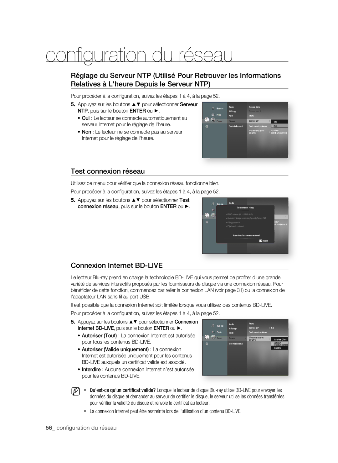 Samsung BD-P3600/XEF manual Test connexion réseau, Connexion internet BD-LiVe 